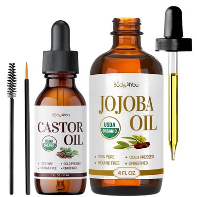 BodyJ4You Organic Castor & Jojoba Oil Bundle - Eyelashes Eyebrows Moisturise Hair Soothe Skin Protect Restore Healthy Glow - USDA 100% Pure Natural Unrefined Conditioner Wax - All Skin Hair Types