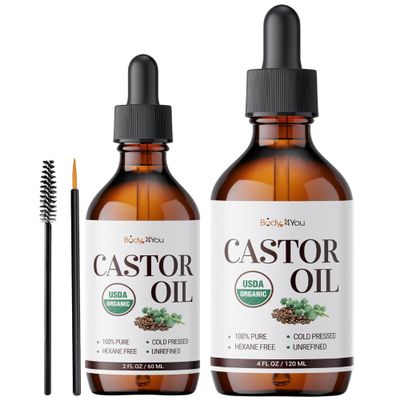 BodyJ4You Castor Oil for Face -Hair Growth Oil Eyelash and Eyebrows Brush Brow Serum Lash Oil -100% Pure Castor Oil USDA Organic Cold Pressed Unrefined Glass Bottle Hexane Free 6 Fl Oz