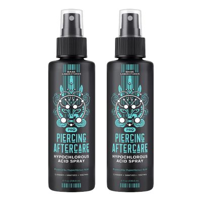 BASE LABORATORIES Piercing Aftercare Hypochlorous Acid Spray PRO - 8 OZ | Saline Solution Piercing Aftercare - Saline Spray for Ear Piercings, Bumps & Keloids | Ear, Nose, Belly - 2PK