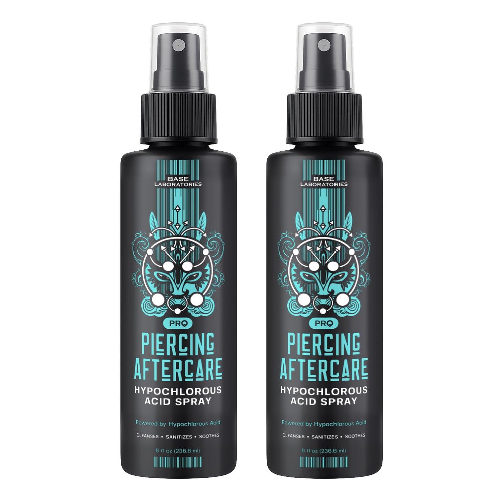 BASE LABORATORIES Piercing Aftercare Hypochlorous Acid Spray PRO - 8 OZ | Saline Solution Piercing Aftercare - Saline Spray for Ear Piercings, Bumps & Keloids | Ear, Nose, Belly - 2PK