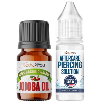 BodyJ4You Piercing Aftercare Kit - 100% USDA Organic Jojoba Oil & Saline Solution - Natural Keloid Bump Removal & Skin Moisturizer - Ear Gauges, Tragus, Nose, Septum, Lip, Navel, Belly Button