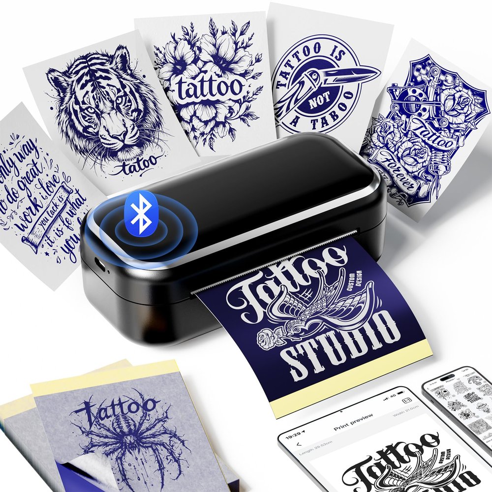 Ponek Tattoo Stencil Printer, Mini Thermal Tattoo Printer Machine with 30pcs Transfer Paper, Bluetooth Stencil Printe for Temporary Tattoos, Artists & Beginners, Compatible with Smartphone & Tablet