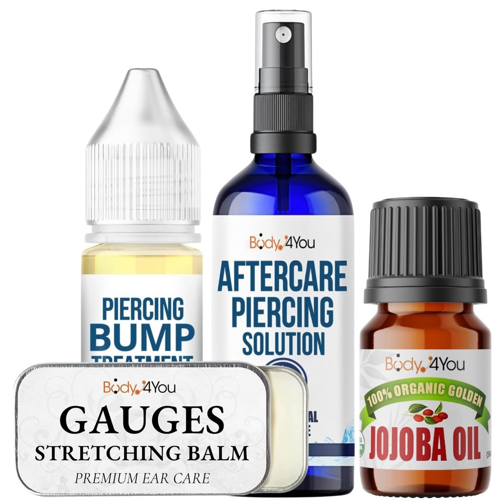 BodyJ4You Piercing Aftercare Kit - Ear Stretching Balm - 100% USDA Organic Jojoba Oil - Stretched Ear Gauges Tragus Nose Septum Lip Navel - Soothe Moisturize Skin Recovery Pure Natural Vegan Solution