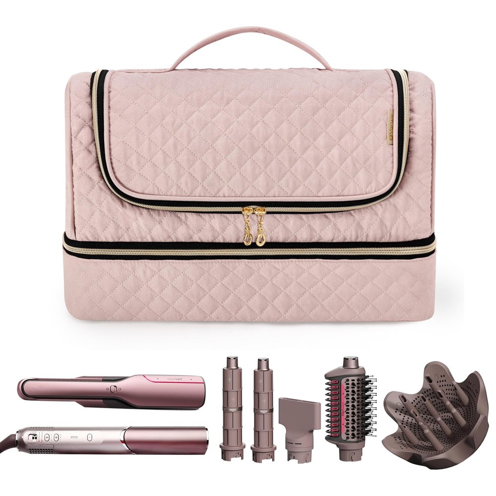 Yarwo Carrying Case Compatible with Shark Flexfusion HD641S/HD642S, Double Layers Hanging Travel Bag for FlexFusion Hair Straightener & Powerful Hair Dryer and Hair Styler Attachments, Dusty Rose