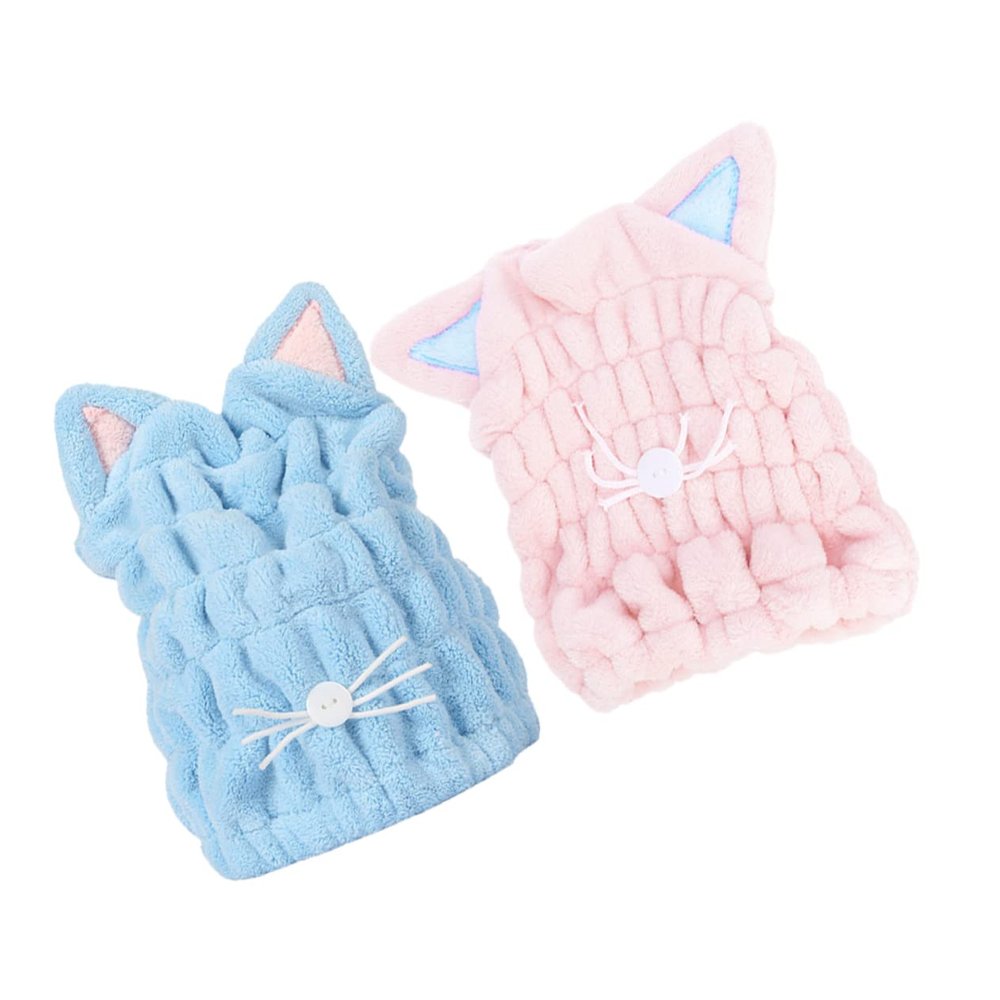 Baluue 2pcs Long Hair Fast Drying Towel Hat Cat Ear Design Absorbent Hair Drying Cap for Bathroom