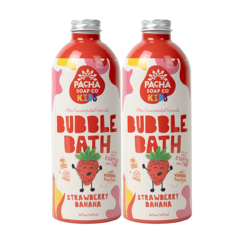 Pacha Soap Co. Kids Bubble Bath - Strawberry Banana, Ultra-Concentrated, Foaming, Tear-Free, SLS-Free, Moisturizing, Non-Toxic Kids Bath Set, Plant-Based & Vitamin-Rich, Made in The USA, 2-Pack