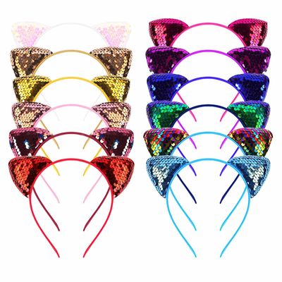 12 Pack Sequin Cat Ears Headband for Women Glitter Hair Accessories for Party Decoration & Daily Wearing Reversible Sequins Headbands with Cute Ear Shiny Kitty Hairband Cat Ear Hair Hoops (Multicolor)