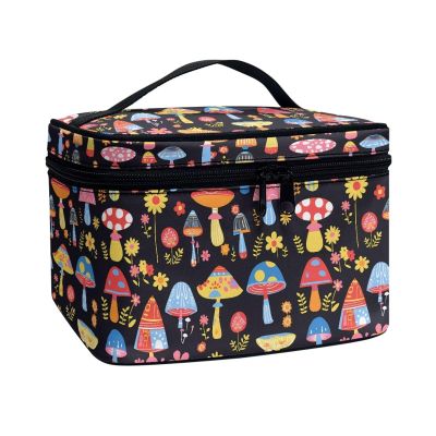 Jolamirel Color Mushrooms Pattern Travel Makeup Bag for Women, Psychedelic Colorful Mushroom Print Large Capacity Makeup Bag Zipper Multi-function Cosmetic Travel Bag, Black