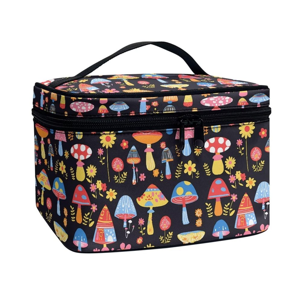 Jolamirel Color Mushrooms Pattern Travel Makeup Bag for Women, Psychedelic Colorful Mushroom Print Large Capacity Makeup Bag Zipper Multi-function Cosmetic Travel Bag, Black