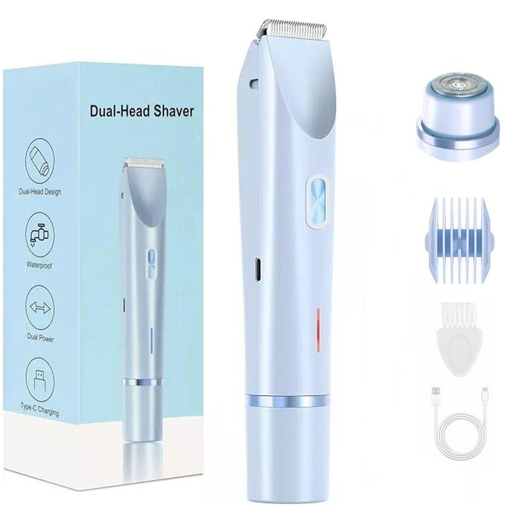 Dual-Head Electric Shaver Women 2-in-1 Head Bikini Trimmer USB Type-C Charging, Personal Trimmer Groomer for Body Hair with Trimmer Attachment for Legs Face Lips (Blue)