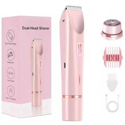 Dual-Head Electric Shaver Women 2-in-1 Head Bikini Trimmer USB Type-C Charging, Personal Trimmer Groomer for Body Hair with Trimmer Attachment for Legs Face Lips (Pink)