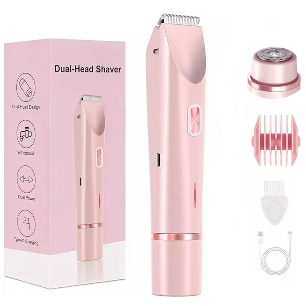 Dual-Head Electric Shaver Women 2-in-1 Head Bikini Trimmer USB Type-C Charging, Personal Trimmer Groomer for Body Hair with Trimmer Attachment for Legs Face Lips (Pink)