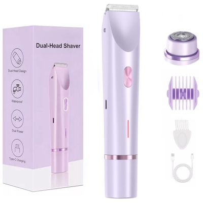 Dual-Head Electric Shaver Women 2-in-1 Head Bikini Trimmer USB Type-C Charging, Personal Trimmer Groomer for Body Hair with Trimmer Attachment for Legs Face Lips (Purple)