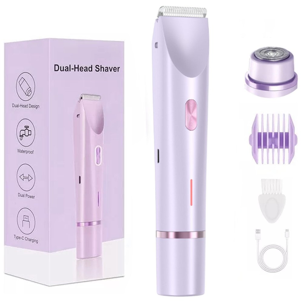Dual-Head Electric Shaver Women 2-in-1 Head Bikini Trimmer USB Type-C Charging, Personal Trimmer Groomer for Body Hair with Trimmer Attachment for Legs Face Lips (Purple)