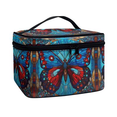 Jolamirel Stained Glass Butterfly Large Travel Makeup Bag for Women, Color Mosaic Art Butterflies Print Zipper Cosmetics Organizer Pouch Purse Storage Bag for Toiletries Essentials