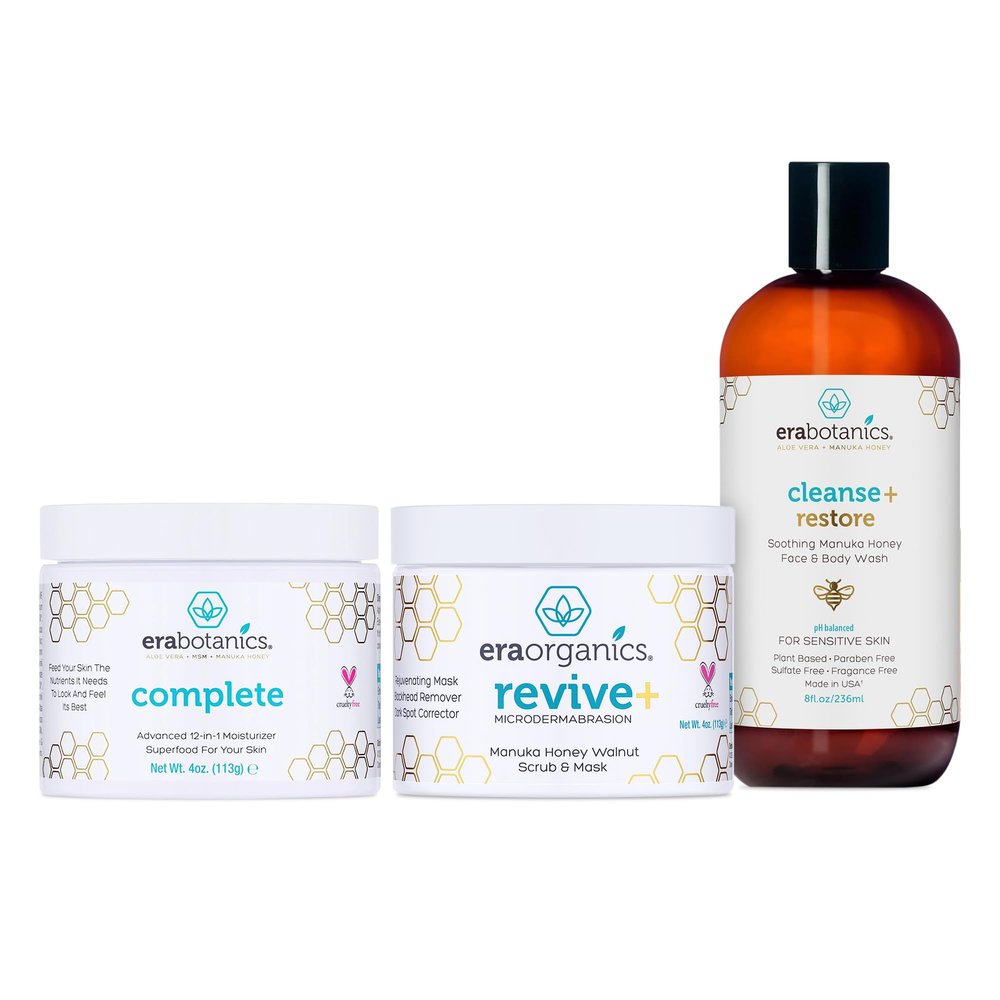 Era Organics Face Scrub, Wash & Cream - Microdermabrasion Scrub, Manuka Honey Face Wash & 12-in-1 Face Moisturizer  Moisturize, Exfoliate & Rejuvenate  pH Balanced, Sulfate-Free, All Skin Types