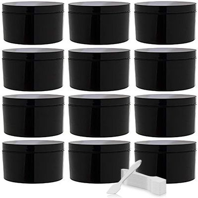 (12 Pack) 2 oz Black Double Wall Plastic Jar with Airtight Lined Lid + Spatulas