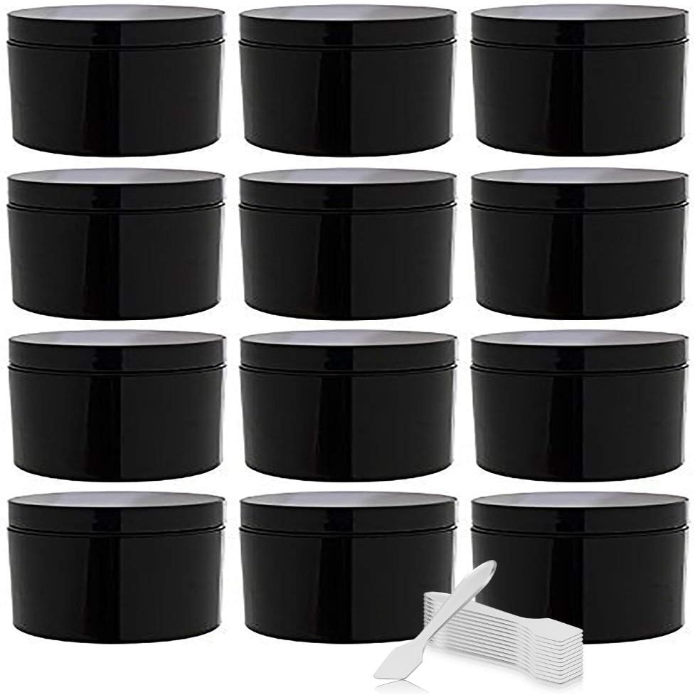 (12 Pack) 2 oz Black Double Wall Plastic Jar with Airtight Lined Lid + Spatulas