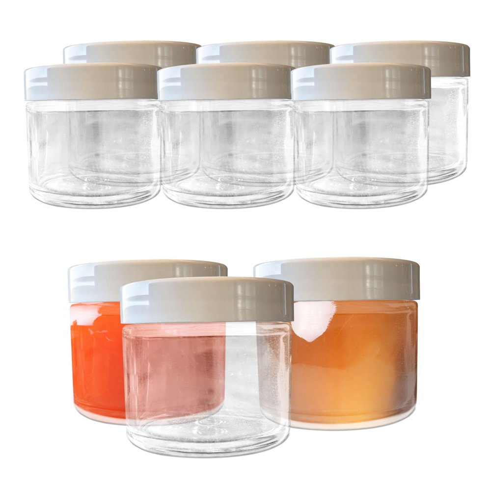 2oz Small Clear Glass Jars with White Lids - Empty Cosmetic Containers with Inner Liners for Lotions, Powders, Ointments, DIY Skincare Beauty & Travel Storage, Sauces, Food Storage (6)