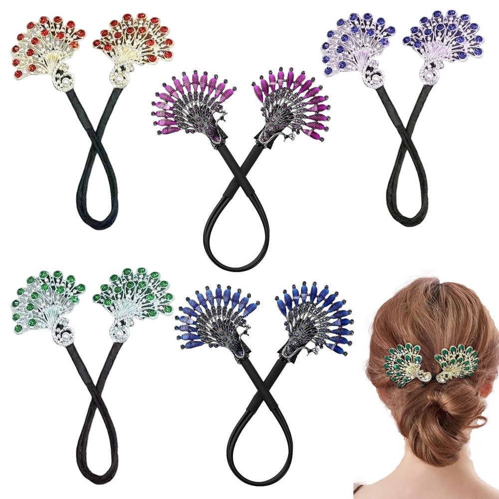 5 PCS Crystal Hair Bun Maker Peacock Shape Twist Hairstyle Bun Fashion Lazy Hair Curler Elegant Rhinestone Hair Clips Bun Maker for Long Hair, Easy Fast Snap Roll Hair Tool for Women Girls 2 Styles