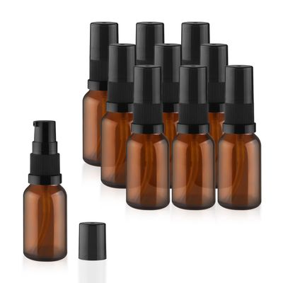 10 Pack Empty Amber Glass Pump Bottles Refillable Cream Lotion Bottles Travel Cosmetic Dispenser Bottle for Sample,Liton,Cream,Liquids Aromatherapy and More (15ml/0.5oz)