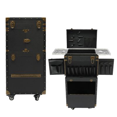 QIUTMER Hairdressing Case, Rolling Lockable Makeup Train Case, 15" x 10" x 32" Travel Stylist Case, with Hair Dryer Holder Scissor Clip Mesh Bag Drawer on Wheels for Barber Station Hairstylists
