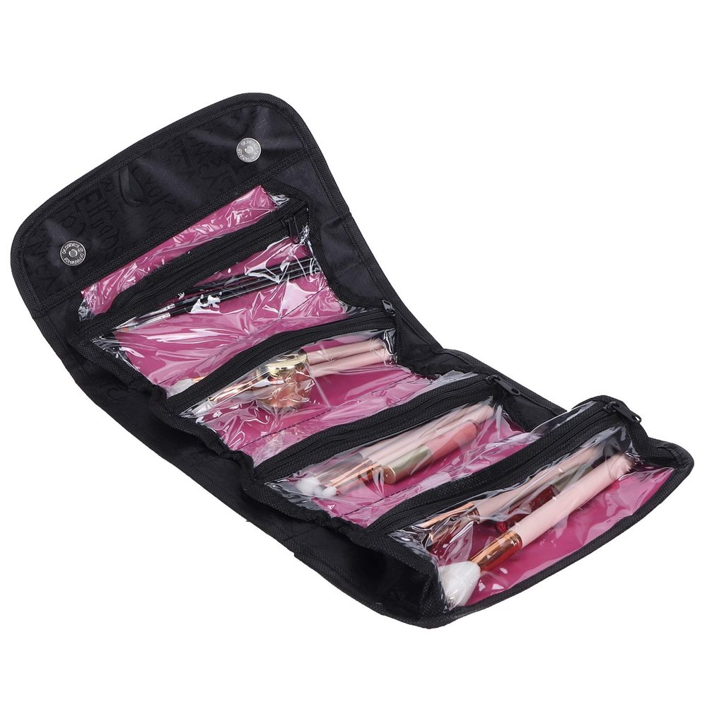 2PCS Roll up Makeup Bag, 4 in 1 Cosmetic Bag Foldable Makeup Bag Clear Makeup Organizer Bag Hanging Toiletry Bag for Women Men (Black)