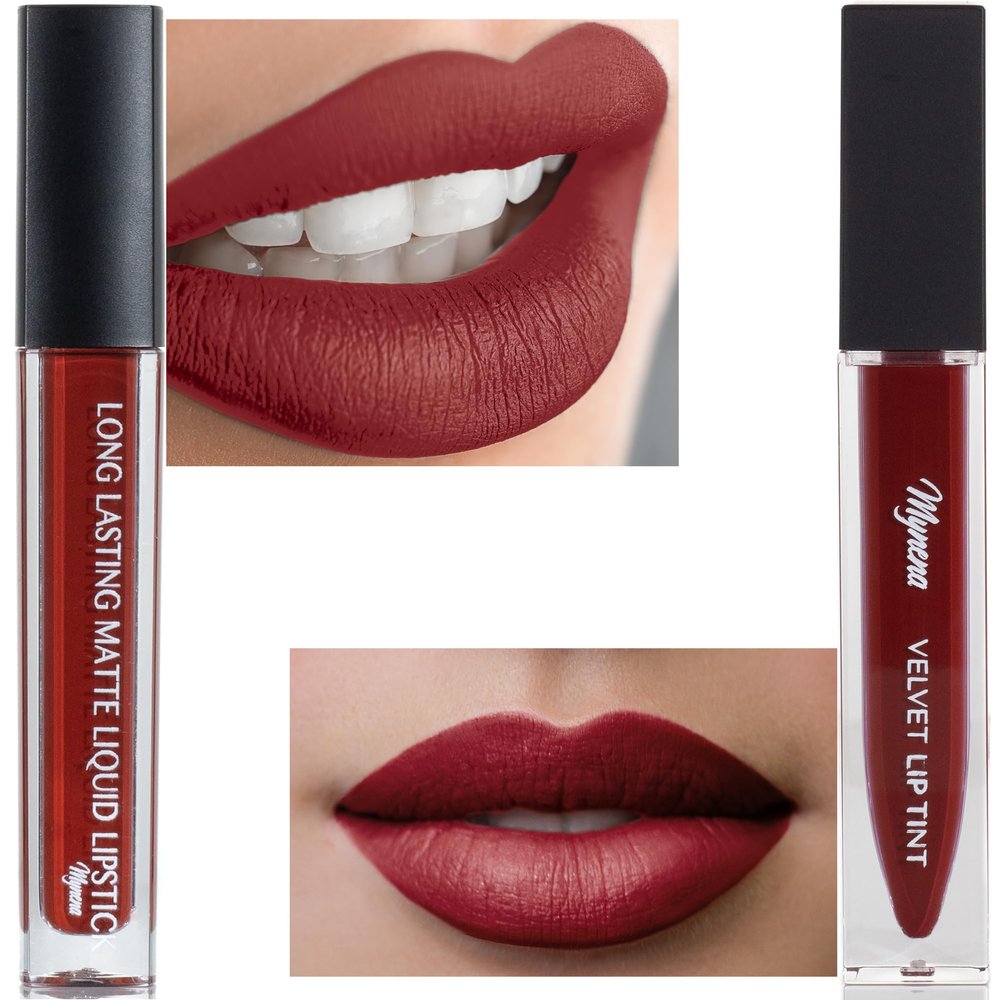 Brownish Red Long-Lasting Matte Liquid Lipstick and Sexy Red Velvet Lip Tint Stain with Mousse Texture