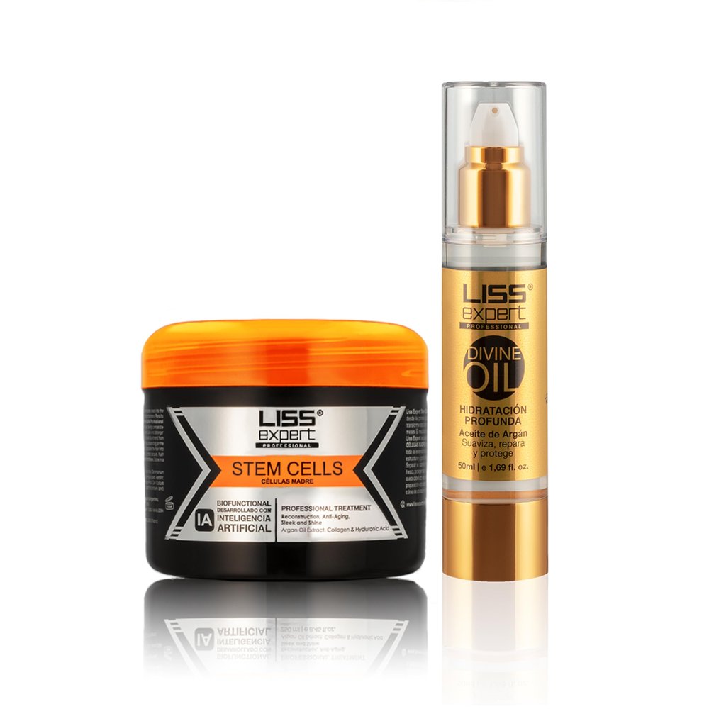 Liss Expert Hair Treatment Set, Stem Cells Express 8.45 oz (ONE shoulder hair lengh app) and Divine Oil 1.69 oz, Organic Smoothing Treatment