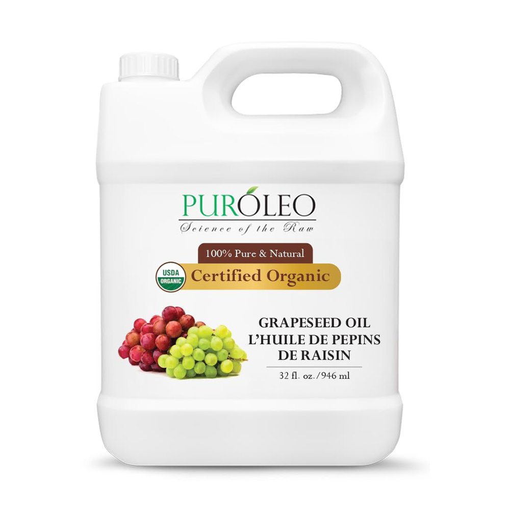 PUROLEO Organic Certified USDA Grapeseed Oil 32 Fl Oz/946 ML (Packed in Canada) 100% Natural Moisturizer & Organic Carrier Oil for Hair, Skin, Body, Massage, Baby Care, Beauty & DIY Blends