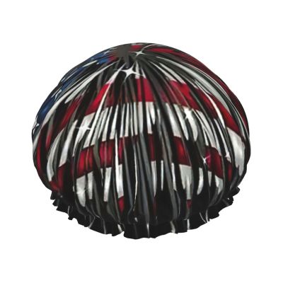 American Flag Firework Print women Shower Caps Bath Cap Reusable Waterproof Double Layers Hair Cap Comfort