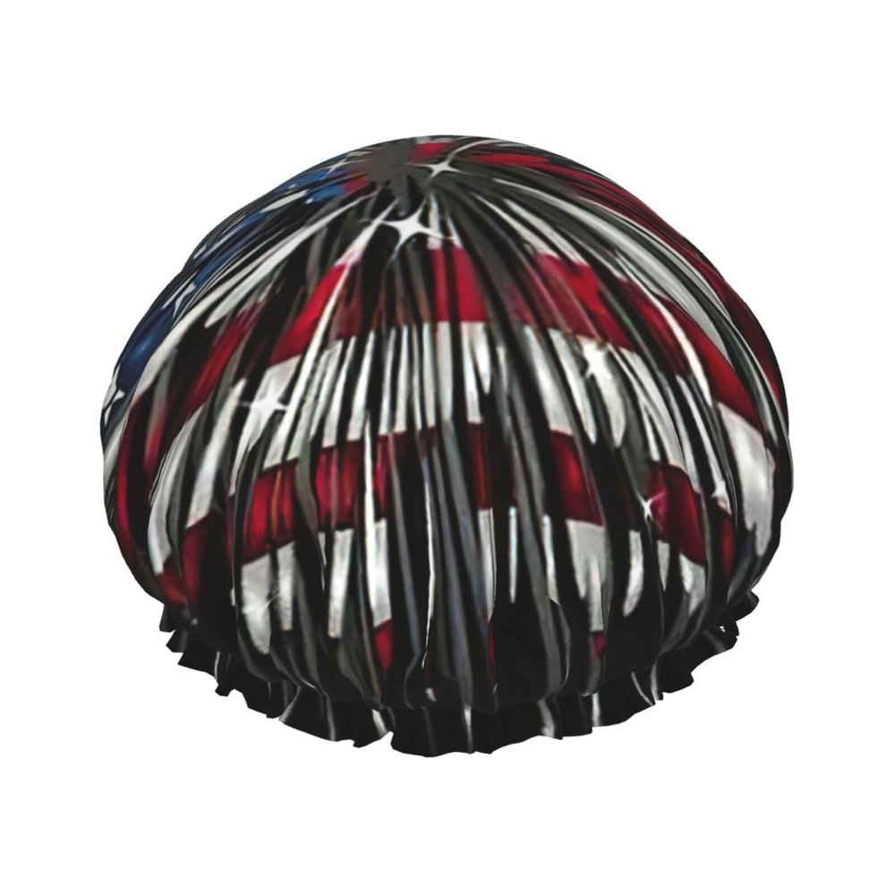American Flag Firework Print women Shower Caps Bath Cap Reusable Waterproof Double Layers Hair Cap Comfort