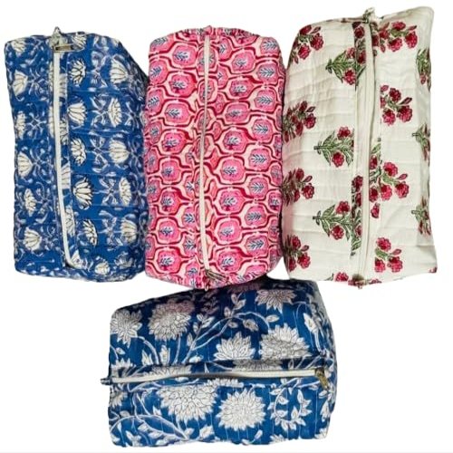 100% Cotton Block Print Cosmetic Pouch Waterproof Handmade Toilerty Pouch 5pcs Assorted