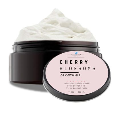 BLUEBYRD Glowwhip Body Butter Cherry Blossoms | Whipped Moisturizing Cream for Dry Skin | Lightweight, Fast-Absorbing Formula with Coconut Oil, Aloe & Vitamin E | Hydrating Floral Scent | 8 oz
