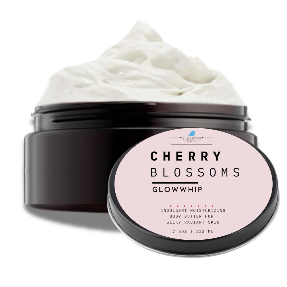 BLUEBYRD Glowwhip Body Butter  Cherry Blossoms | Whipped Moisturizing Cream for Dry Skin | Lightweight, Fast-Absorbing Formula with Coconut Oil, Aloe & Vitamin E | Hydrating Floral Scent | 8 oz