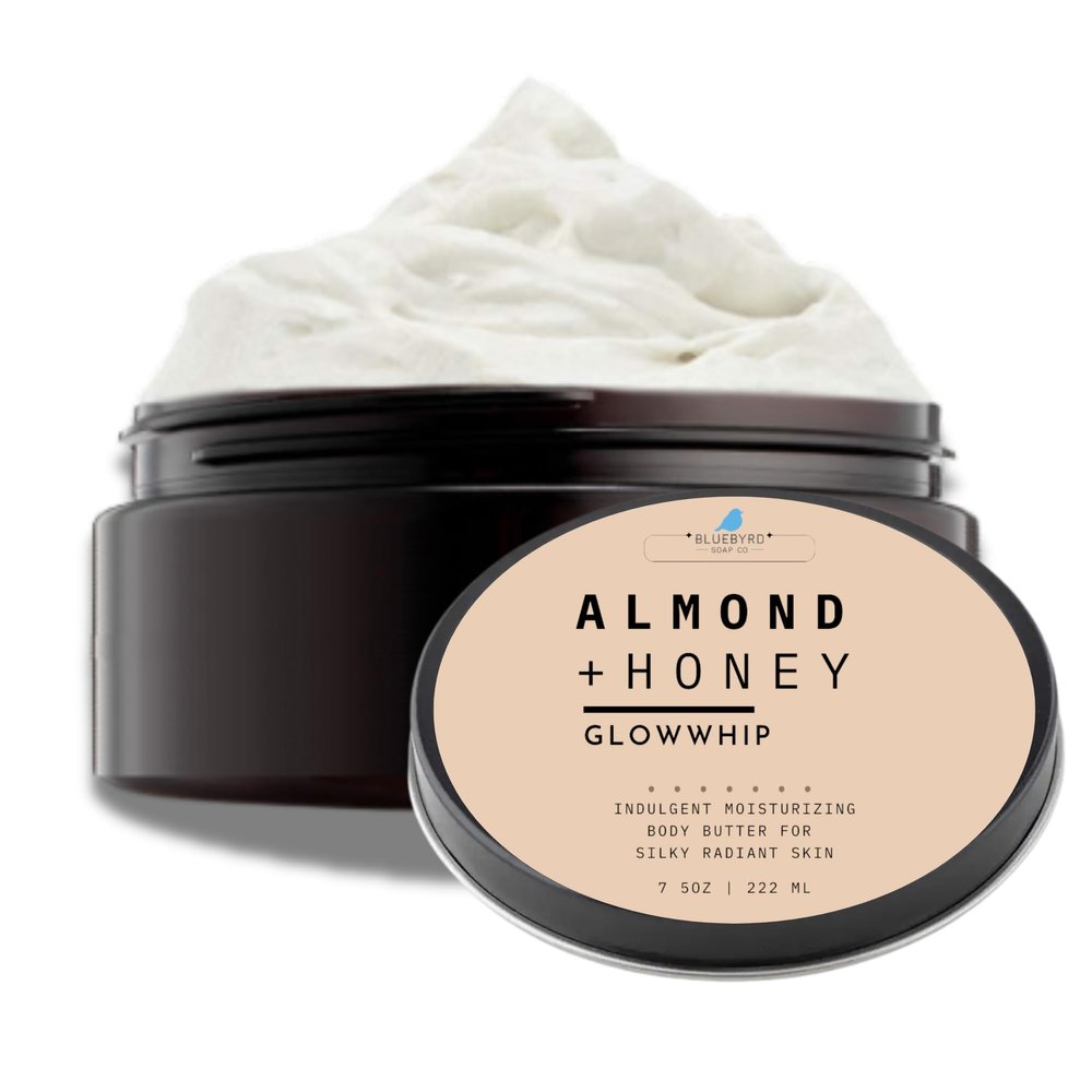 BLUEBYRD Almond Honey Glowwhip Body Butter  Whipped Multi-Oil Body Butter & Moisturizer Nourishing Body Cream  Deep Hydration & Firmer-Looking Skin 8oz Jar (Almond Honey)