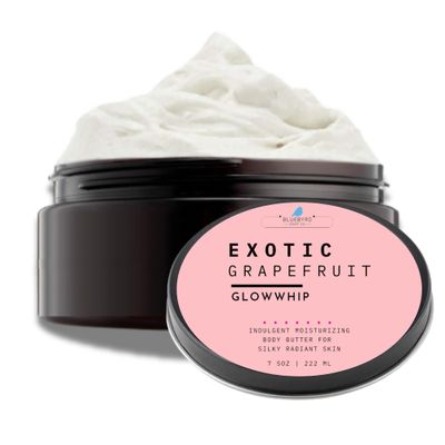 BLUEBYRD Glowwhip Body Butter Exotic Grapefruit & Sea Salt | Whipped Coconut Oil Moisturizer for Firm, Hydrated Skin | Lightweight Fast-Absorb Cream Vitamin E | Refreshing Citrus Scent | 8 oz