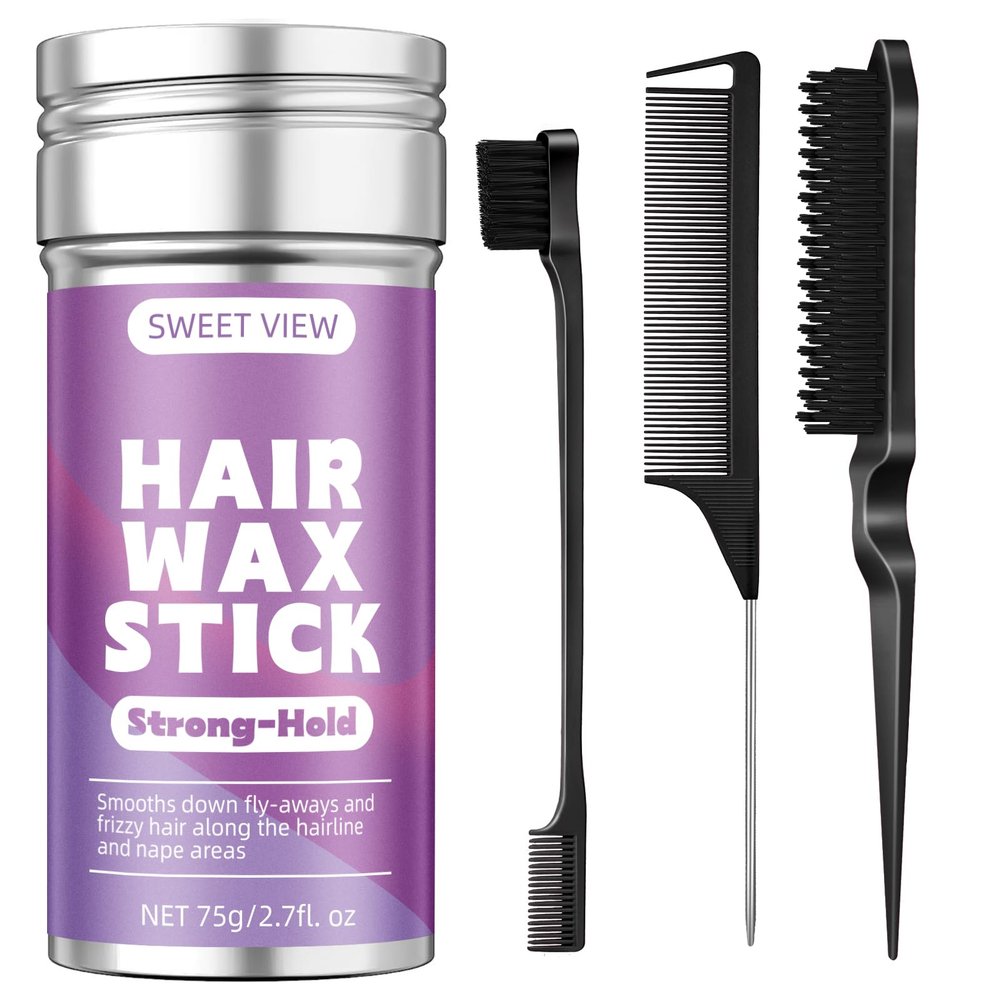 SWEET VIEW Hair Wax Stick & Slick Back Hair Brush for Tame Flyaways, Frizz, Sleek Ponytail, Buns | Pomade/Balm/Gel Stick for Woman, Styling Accessories for Girls