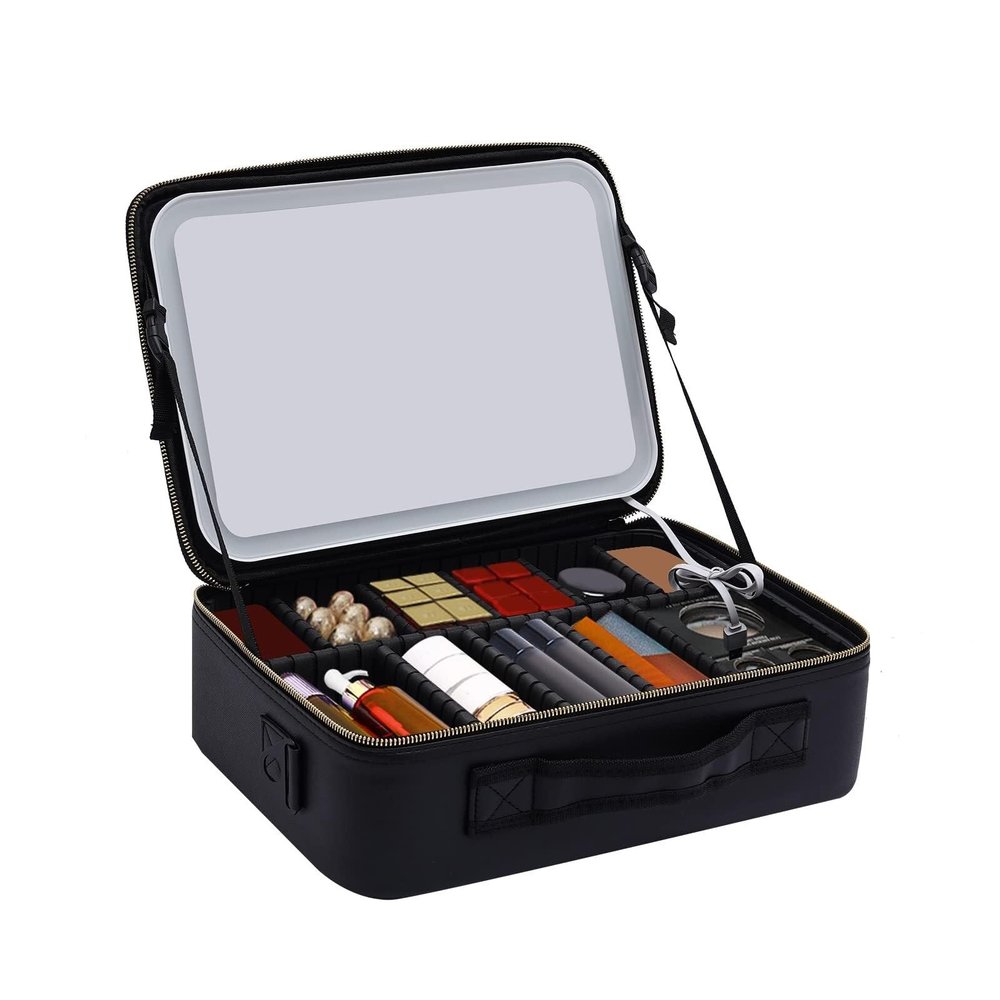 LaYaQbin Makeup Train Case Makeup Train Case with Mirror and Light 3 Color Adjustable Brightness PU Leather Professional Cosmetic Train Cases with Adjustable Dividers