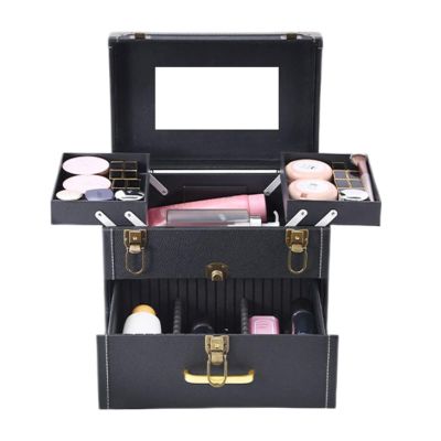 LaYaQbin Makeup Train Case Makeup Bag Cosmetic Case Portable Travel Makeup Train Case Beauty Box, with Mirror, Manicure Case, for Nail(Black With Mirror)