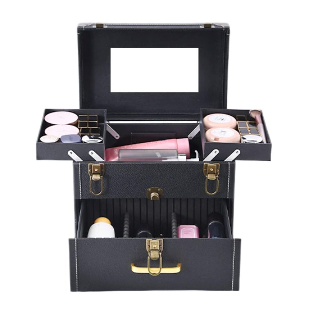 LaYaQbin Makeup Train Case Makeup Bag Cosmetic Case Portable Travel Makeup Train Case Beauty Box, with Mirror, Manicure Case, for Nail(Black With Mirror)