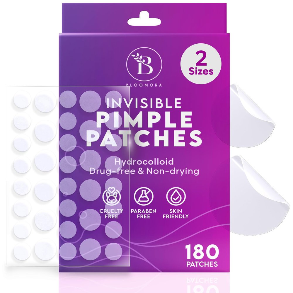 BLOOMORA Invisible Pimple Patches for Face (180 Count), Zit Patches for Spot Cover, Hydrocolloid Covers Pimples, Clear (2 Sizes - S/L)