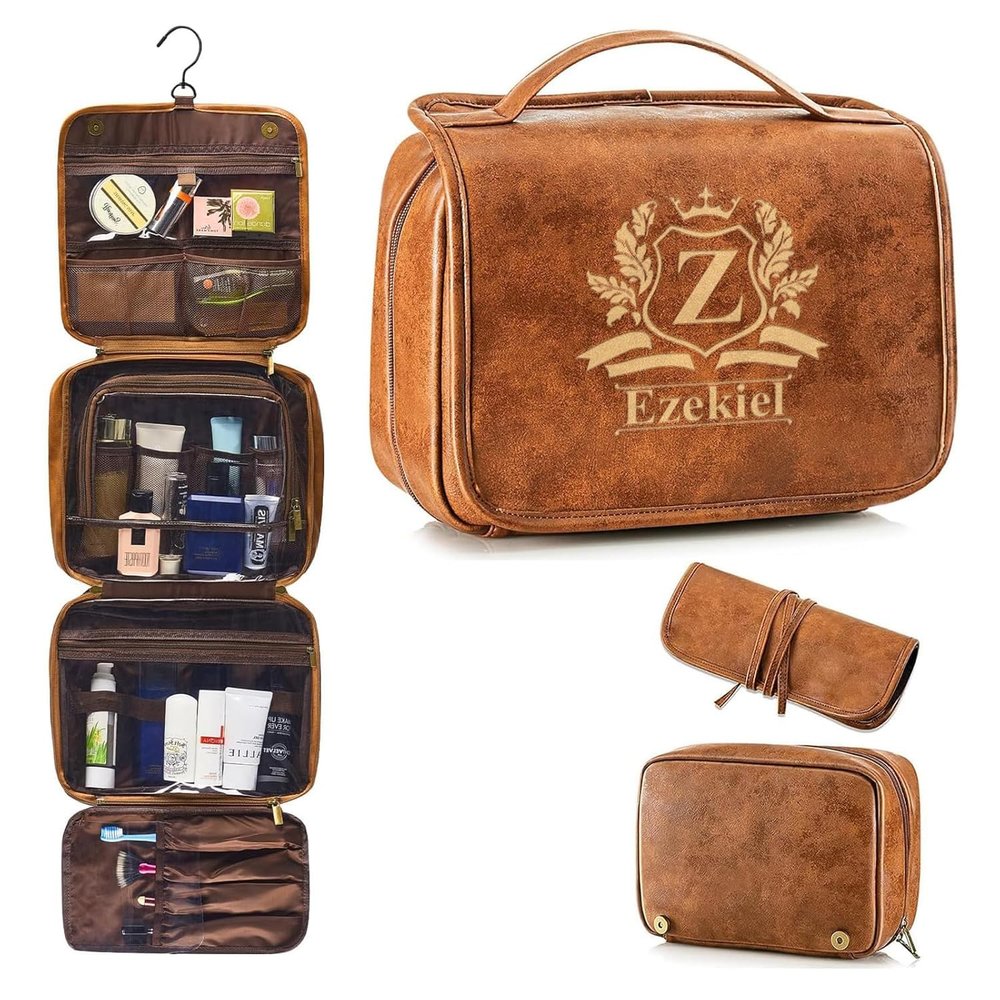 3-in-1 Personalized Toiletry Bag For Men, Waterproof PU Leather Travel Dopp Kit, Large Hanging Travel Organizer Bag, Gifts for Dad, Hubby, Boyfriend, Bridegroom, Groomsmen, Father's Day (Style 3)