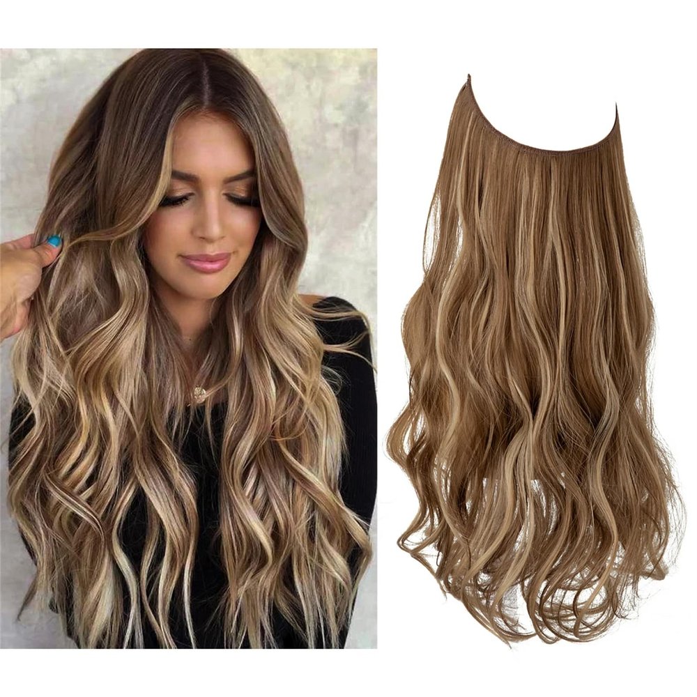Synthetic Invisible Wire With Clip In Hair Extensions Daily Use Hairpieces Long Brown Natural Wavy Fake Hair Piece