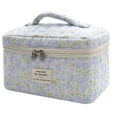1pc Large Makeup Bag, Cute Cosmetic Bag for Women Girls, Floral Coquette Aesthetic Toiletry Bag, Travel Make Up Organizer Bag (Green Leaves Blue Flowers)