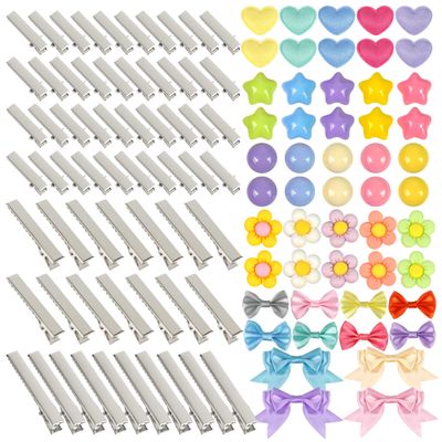 116 PCS Alligator Hair Clips Silver Metal Snap Clasps Accessories with 64 Pieces Hair Clips and 52 Pieces Resin Charms Coloful Bows for Women Girls Bows Making Crafts