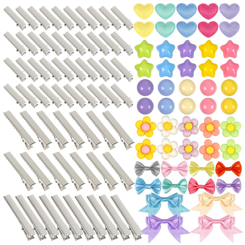 116 PCS Alligator Hair Clips Silver Metal Snap Clasps Accessories with 64 Pieces Hair Clips and 52 Pieces Resin Charms Coloful Bows for Women Girls Bows Making Crafts