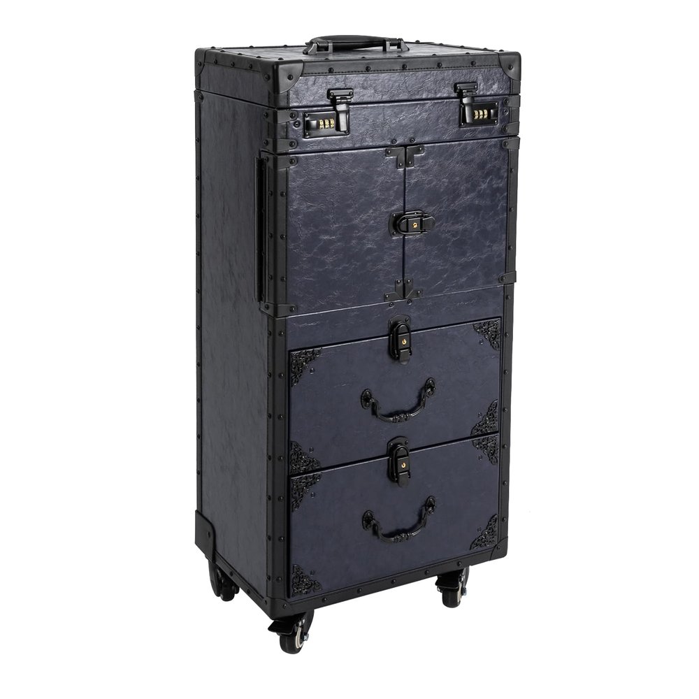 Floor Standing Rolling Makeup Train Case Esthetician Supplies Salon Barber Case Cosmetic Trolley with 4 Keys and 4 Metal Universal Swivel Wheels Traveling Cart Trunk Makeup Storage Organizer (blue)