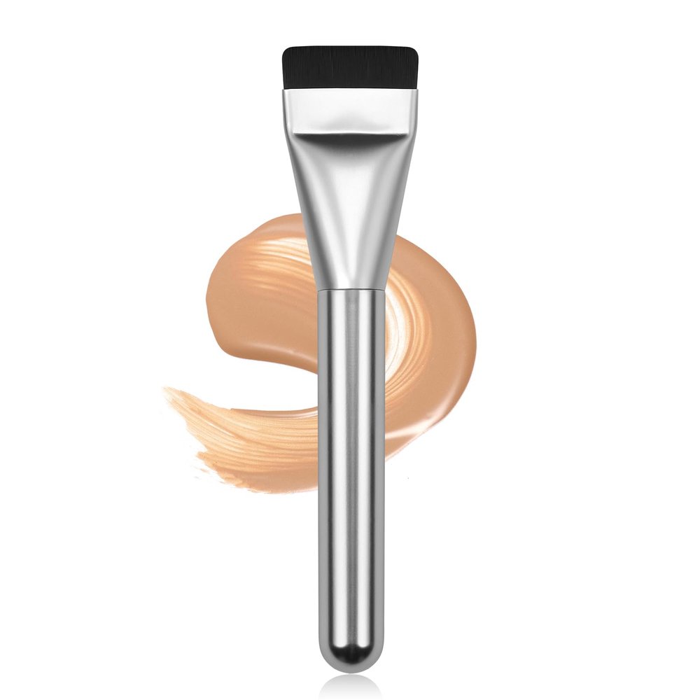 Flat Foundation Brush for Liquid Makeup,14CM Premium Fast Flawless Flat Top Kabuki Makeup Brushes Face Cosmetics Concealer Brush for Liquid, Blending, Powder, Cream, Powder, Blush, Buffing Silver
