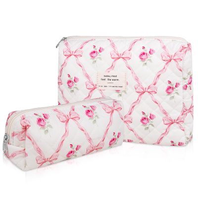 2PC Makeup Bag Set, Cute Cosmetic Bag for Women Girls, Floral Coquette Aesthetic Toiletry Bag, Travel Make Up Organizer Bag (Pink bow)